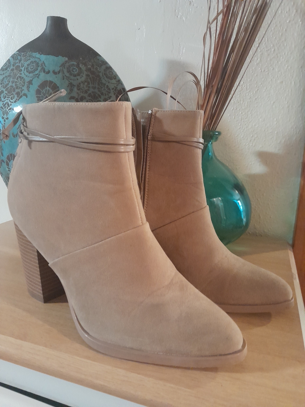 Shoe Dazzle Taupe Ankle Booties with Stacked Heel